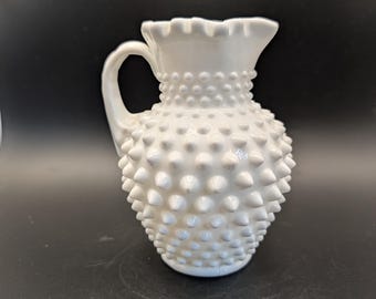Vintage Fenton Glass Hobnail White Milk Glass Crimped Top Pitcher 5.5”