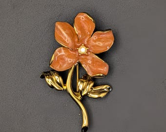 Vintage Joan Rivers Dogwood Flower Brooch w/Coral Petals and AB Stone in Center
