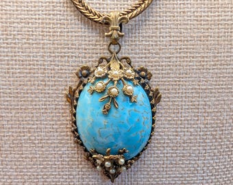 Vintage Czech Style Fauz Turquoise Pendant Necklace