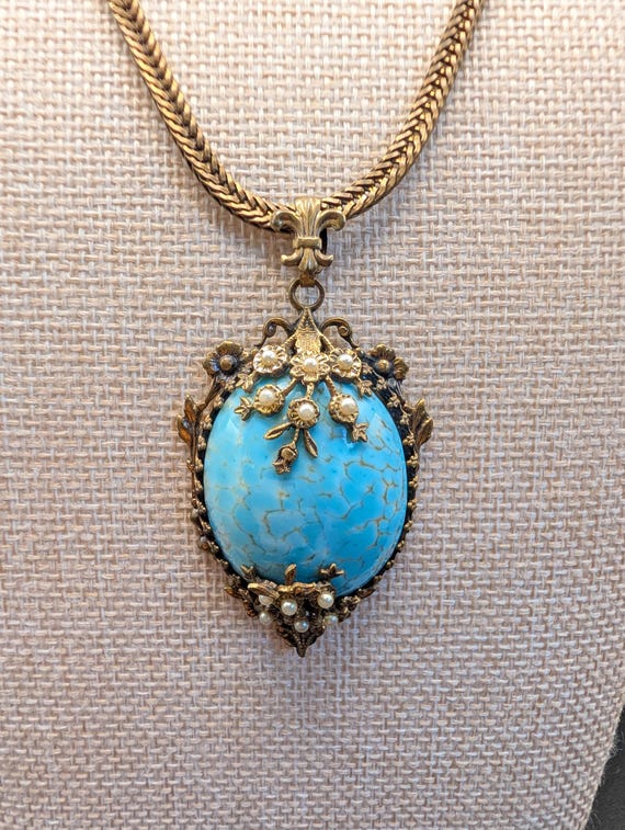 Vintage Czech Style Fauz Turquoise Pendant Necklace