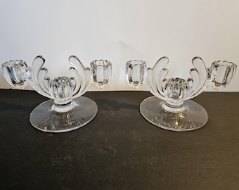 Vintage Heisey Glass Crystallite Candlestick Holder Candelabra Taper 3-Light Pair