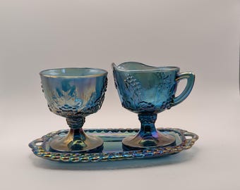 Vintage Indiana Glass Harvest Grape Carnival Glass Set: Blue Iridescent Creamer, Sugar & Plate