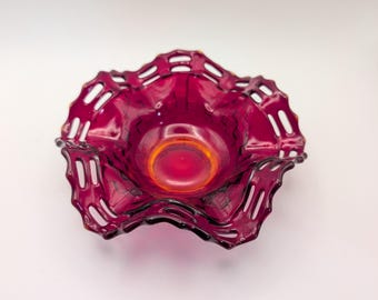 Vintage Fenton Amberina Glass Basketweave Bowl Featuring a Ruffled, Open-lace Edge