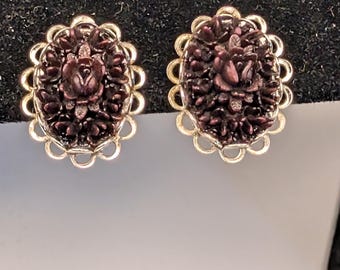 Deep Purple Carved Flower Plastic and Silver-tone Clip-on Earrings