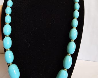 Vintage Aqua-Teal Oval Lucite Bead Necklace 24-inch Hong Kong