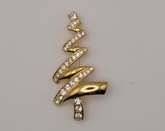 Vintage Monet Christmas Tree Gold-tone Clear Rhinestone Brooch
