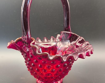 Fenton Ruby Red Hobnail Glass Basket with Amberina UV Glow, Vintage Collectable Glass