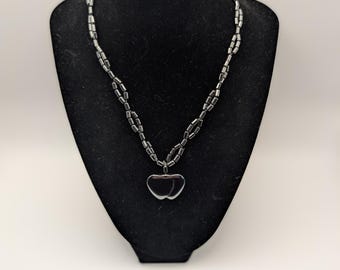 Hematite Puffed Double Heart Pendant and Hematite Beaded Necklace