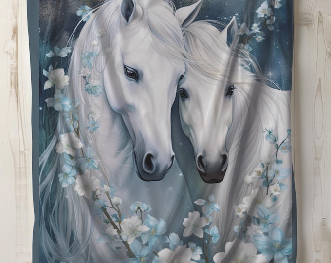 Horse Lover Plush Blanket: White Snowy Princess Horseheads Design