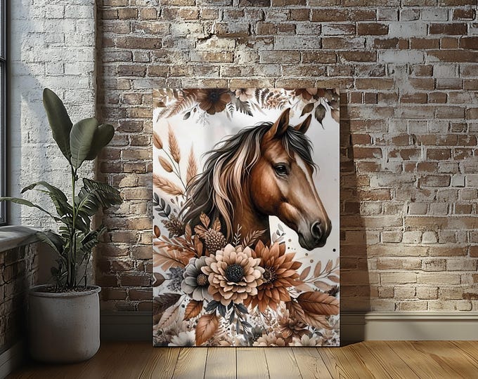 BOHO Horse Head Stretched Canvas Print, Rustic Wall Art for Equestrians