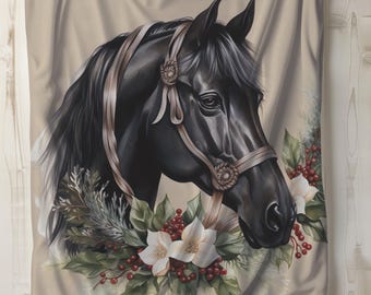 Plush Blanket - Black Horsehead Design for Horse Lovers, Cozy Gift & Home Decor