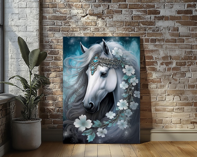 Fantasy Snowy Horse Princess Stretched Canvas Print Wall Art