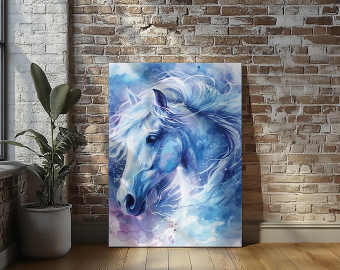 Fantasy Blue Horsehead Stretched Canvas Print Wall Art