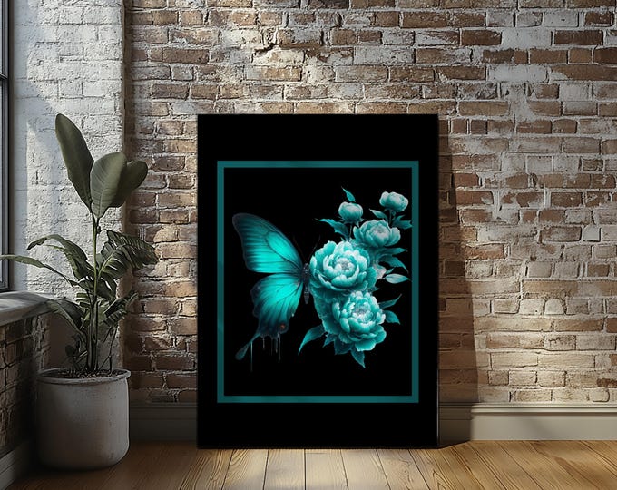 Teal Butterfly Stretched Canvas Print Wall Art