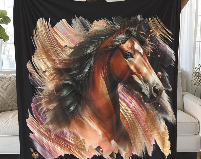 Bay Horse Plush Blanket, Equestrian Decor Gift, Pony Lover Cozy Throw, Soft Horsehead Design