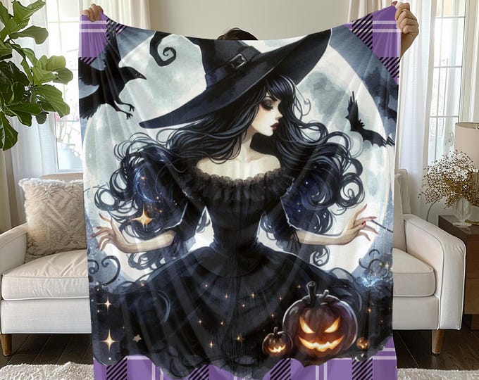 Pretty Witch Halloween Blanket, Plush Throw, Cozy Fall Decor