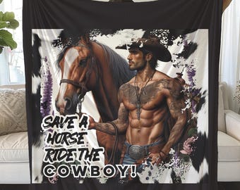 Cowboy Horse Plush Blanket, Equestrian Cozy Throw, Equine Lover Gift