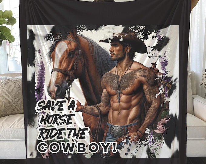 Cowboy Horse Plush Blanket, Equestrian Cozy Throw, Equine Lover Gift