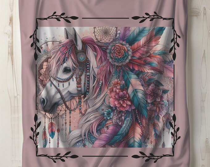 Mauve Boho Horsehead Plush Blanket: Equestrian Decor Gift