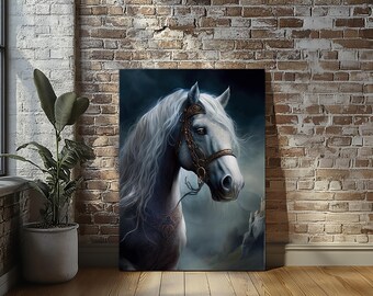 Fantasy Gray Horse Head Stretched Canvas Print Wall Art