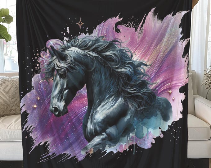 Black Fantasy Horse Plush Blanket: Soft Cozy Equine Throw