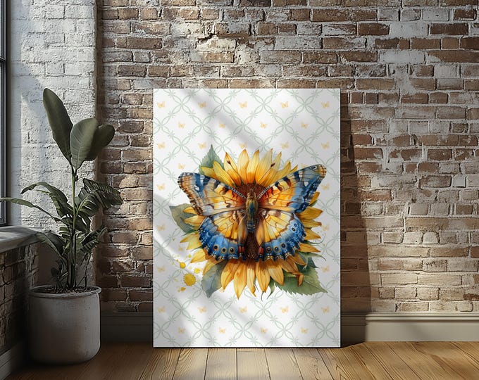 Sunflower Butterfly Stretched Canvas Print Wall Art