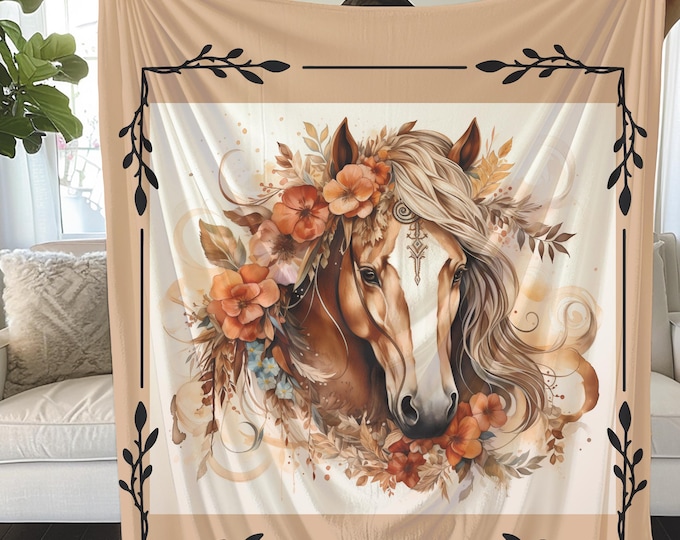 Plush Horse Blanket: Brown Boho Horsehead Design, Equestrian Decor