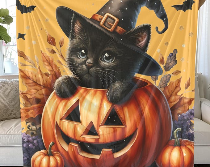 Halloween Kitten in Pumpkin Blanket, Cozy Fall Cat Lover Gift, Plush Autumn Throw