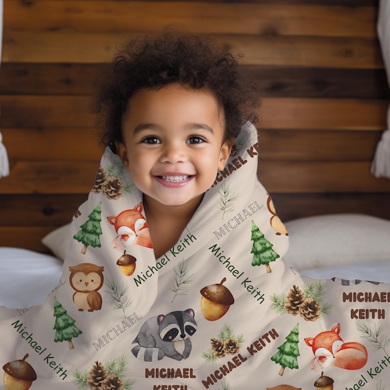 Personalized Baby Blanket: Woodland Animals, Custom Name Swaddle