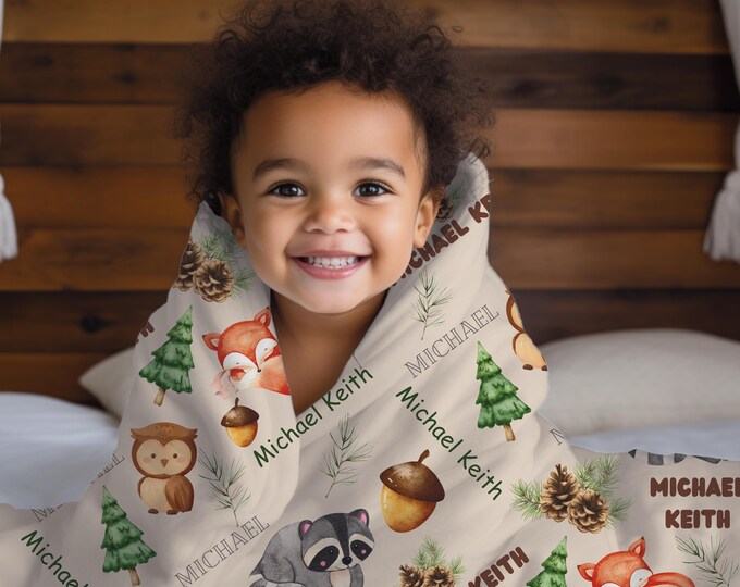 Personalized Baby Blanket: Woodland Animals, Custom Name Swaddle