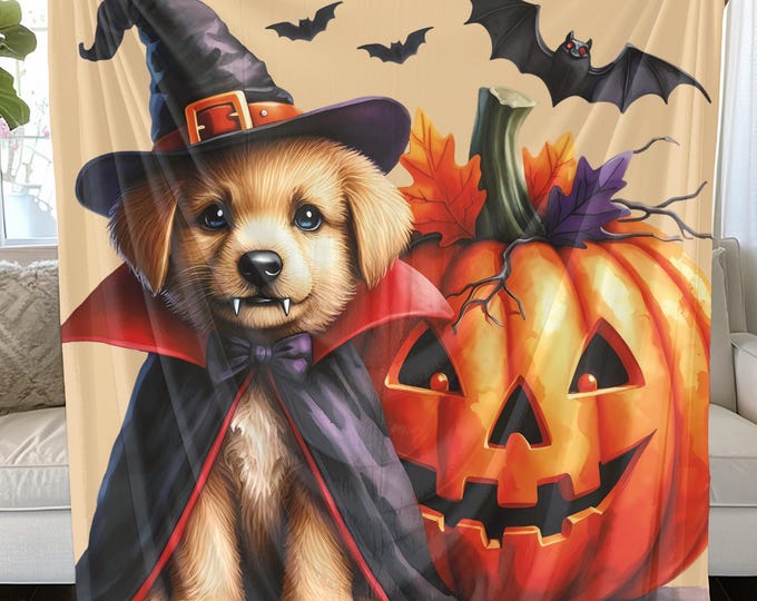 Puppy Pumpkin Velveteen Blanket: Soft Halloween Dog Lover Gift