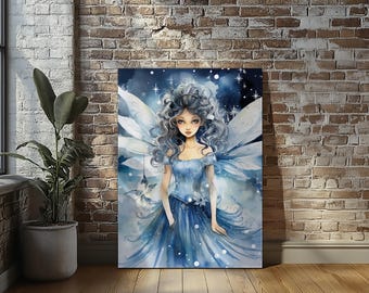 Fantasy Blue Angel Stretched Canvas Print Wall Art