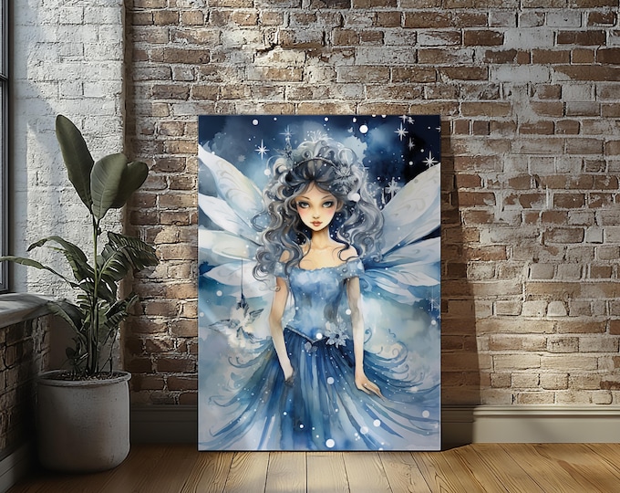 Fantasy Blue Angel Stretched Canvas Print Wall Art