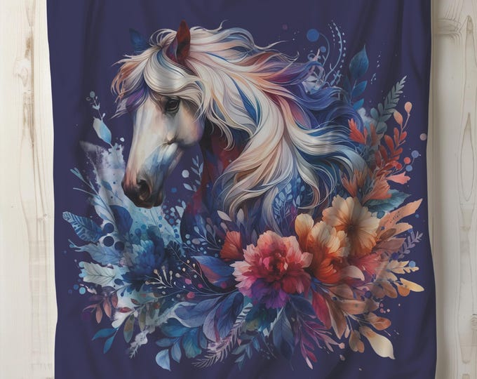 Horse Blanket: White Horsehead Floral Plush Throw