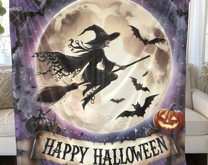 Witch on Broomstick Halloween Plush Blanket: Soft Spooky Decor