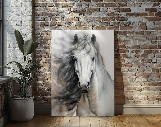 Fantasy White Horse Princess Stretched Canvas Print Wall Art