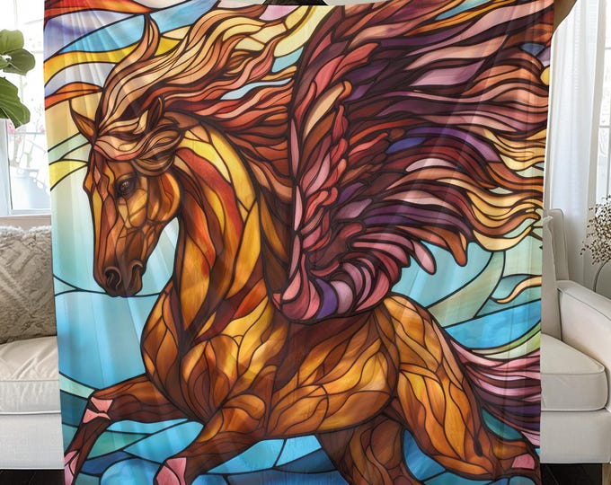 Winged Horse Plush Blanket: Stained Glass Design Throw