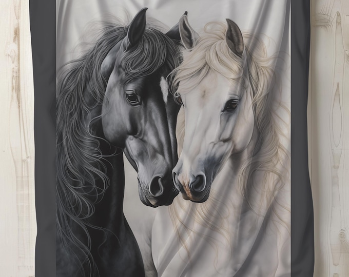 Plush Blanket for Horse Lovers, Black & White Horseheads Design, Cozy Throw