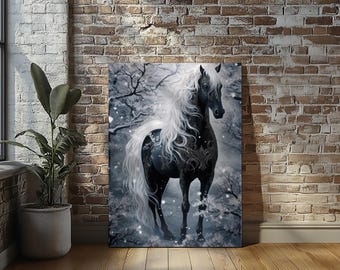 Black and Silver Fantasy Horse Stretched Canvas Print Wall Art