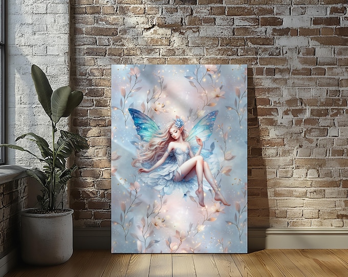 Blue Fairy Flower Stretched Canvas Print Wall Art