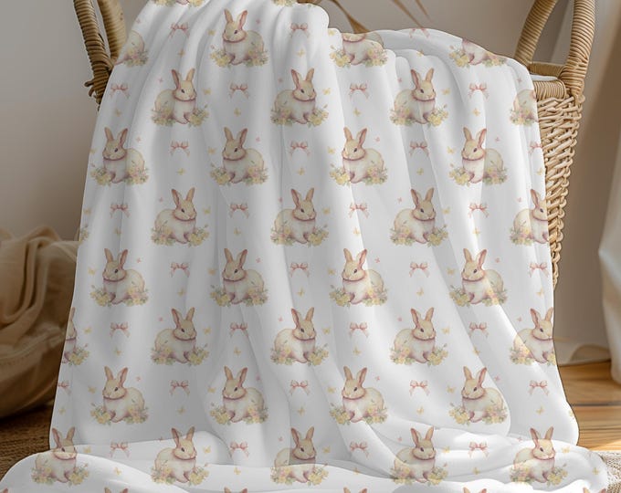 Bunny Spring Throw, Cozy Soft Baby Snuggle Blanket, Plush Easter Decor