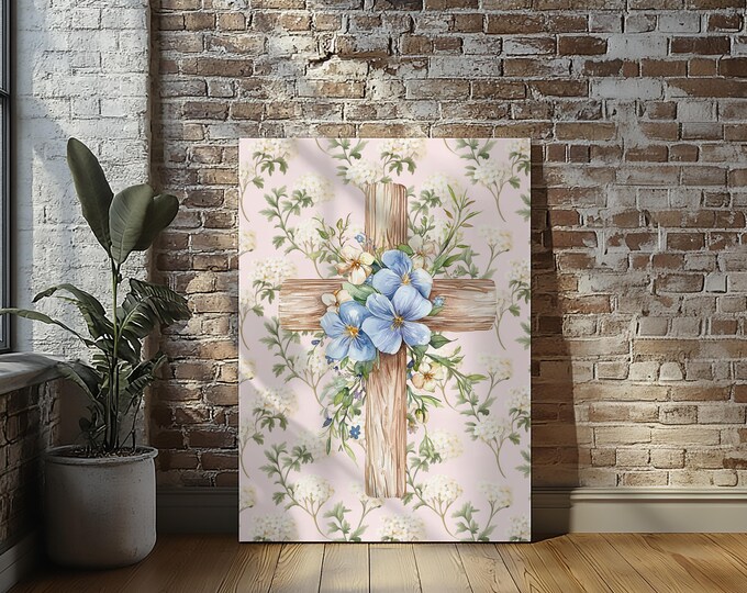 Wooden Cross Stretched Canvas Print Wall Art