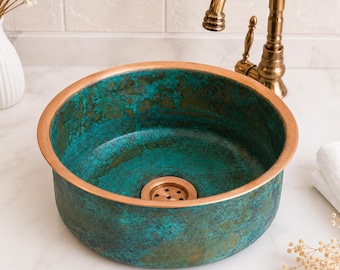Dark Green Patina Copper Vessel Sink, Oxidized Round Bathroom Basin, Polished Rim, Handmade Turkish Copper Sink with Drain