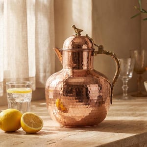 Heavy Solid Copper Pitcher with Lid, Handmade Ottoman Copper Jug, Hammered Water Pitcher, Rustic Farmhouse Kitchen Decor, 3000ml
