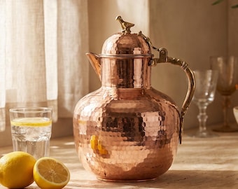 Heavy Solid Copper Pitcher with Lid, Handmade Ottoman Copper Jug, Hammered Water Pitcher, Rustic Farmhouse Kitchen Decor, 3000ml