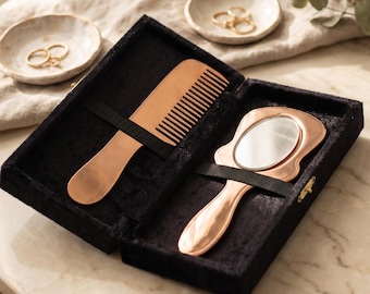 Copper Mirror and Comb Set – Wellness Vanity Gift Set in Velvet Box, Healing Copper, Ayurvedic Self Care, Gift for Her