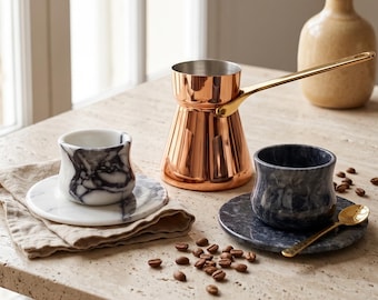 Handmade Turkish Coffee Pot and Marble Turkish Coffee Cup Set, Copper Cezve Set, Luxury Turkish Coffee Serving Set, Modern Coffee Gift