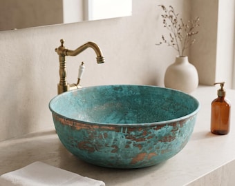 Green Patina Copper Vessel Sink, Verdigris Hammered Round Bathroom Basin, Handmade  Copper Sink with Drain, Rustic Antique Bowl