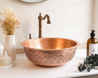 Hand Hammered Engraved Copper Vessel Sink | Round Bathroom Basin | Handmade Turkish Copper Bowl Sink | Antique Vanity Sink