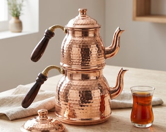 Handmade Turkish Copper Tea Pot Set – Hammered Double Teapot, Traditional Stovetop Tea Kettle, 800 ml & 1500 ml Authentic Turkish Tea Maker